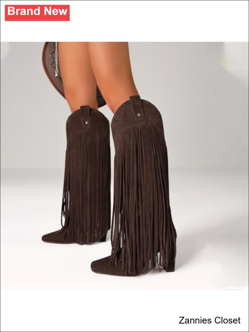 โจ Mattiventon Knee High Boots Suede Fringe Square Toe Chunky Heel Pull On Tall - Picture 3 of 5
